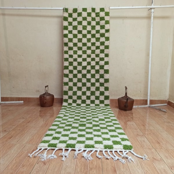 Green Checkered Hallway rug"Green and White "Morrocan Checkered Hallway "Custom Hallway rug "Runner rug" Custom Runner. Runner Moroccan