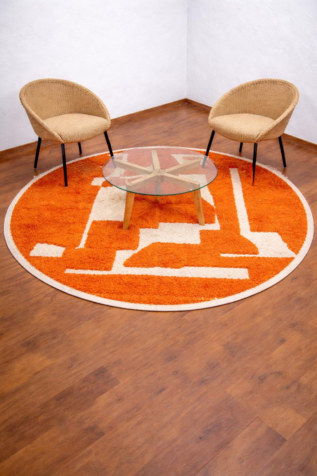 Orange Ruond Moroccan Rug -handmade Wool Geometric Rug - Minimalist ...