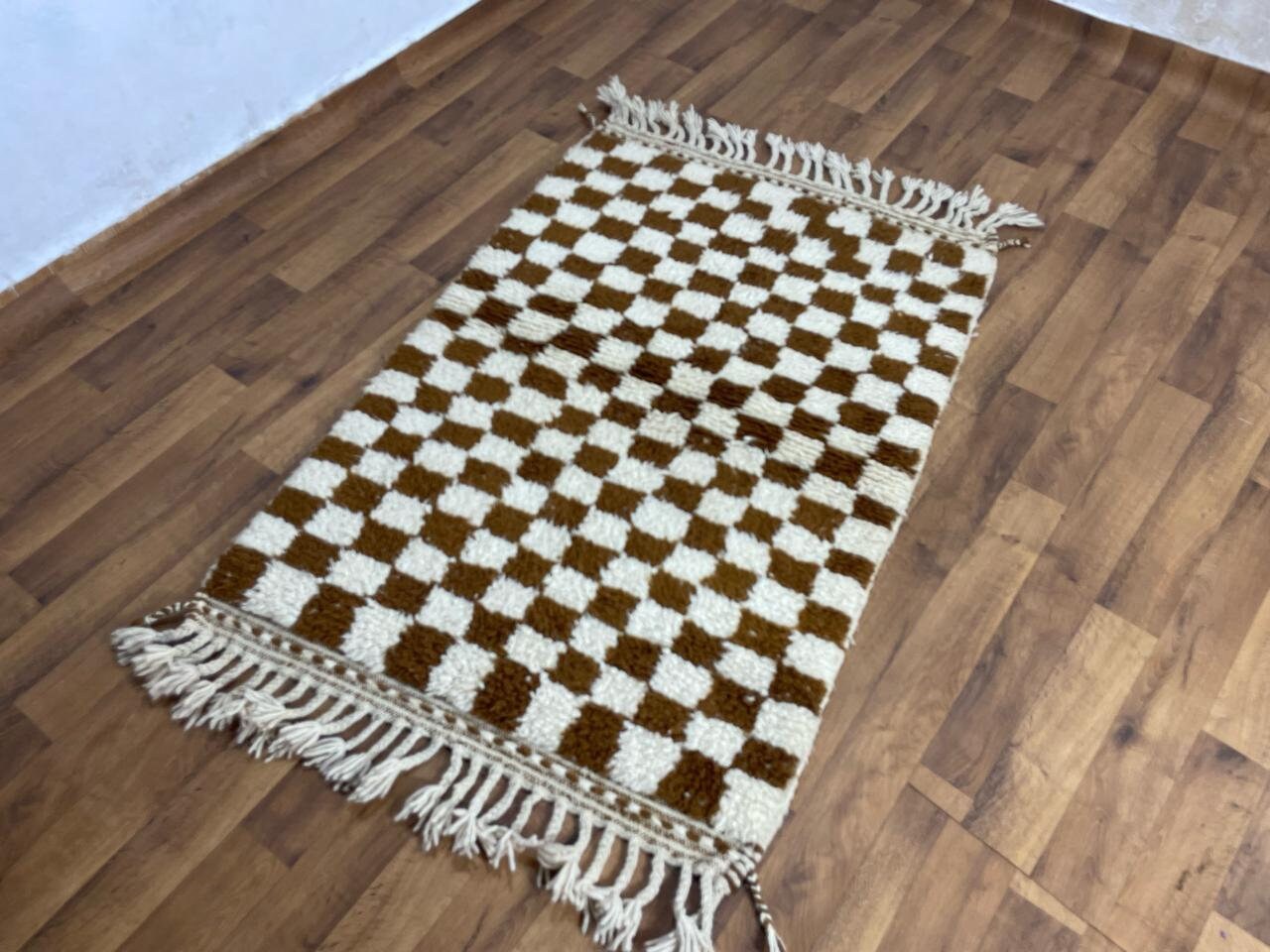 カーペットチェックラグ、ブラウンホワイトチェックラグ、チェック