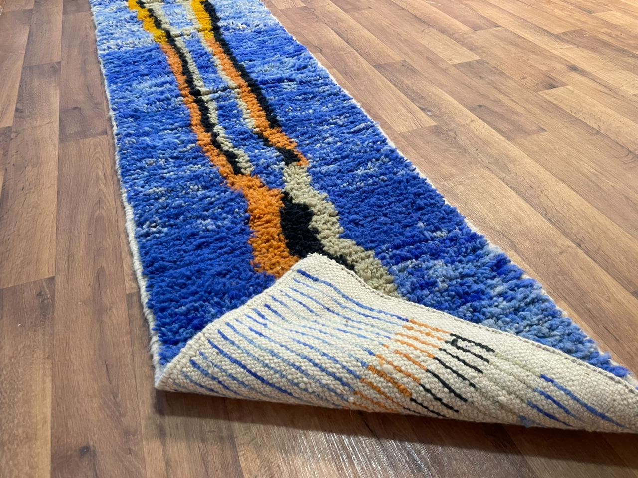 Marokkanischer Läufer 61x183 Cm – Waschbar, Rutschfest, Dunkelblau Mit Floralem Muster, Niedriger Flor