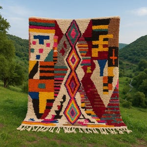 May include: A colorful, geometric patterned rug with a cream-colored background. The rug features a variety of shapes and colors, including diamonds, triangles, and rectangles in shades of red, orange, yellow, blue, and green. The rug has a fringe along the bottom edge.