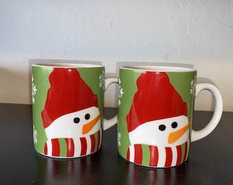 Crate & Barrel Holiday Snowman Mug GR Set of  (3) 12 oz Coffee Tea Cups 664-642
