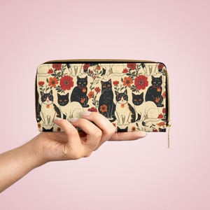 Cartera con cremallera con diseño de gato y flores, bonito diseño de gatito para mujer, organizador de monedero, regalo, monedero para amantes de los animales pequeños, accesorio para mujer gata, felino