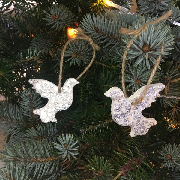 Two Turtle Doves - Silver Leaf - Christmas Tree Decoration, Christmas Ornament, Holiday Decor