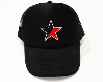 Red and Black Star Trucker Cap with Mesh, Unisex, Vintage, Retro, Adjustable Plastic Snap