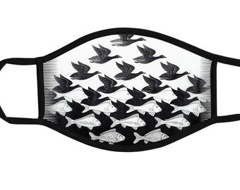 Escher Birds Fishes Masque pour le visage, Ciel et Eau, Coton réutilisable et polyester, 2 couches, Ajustement confortable, Durable, Respirable, Lavable