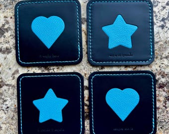 Italian Leather Coasters with Hearts and Stars – Hand Stitched Table Decor