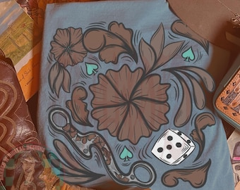 Western Tooled Leather Floral PNG, Punchy Grunge Graphic Design, trendy western png design, edgy tooled leather yallternative collage png