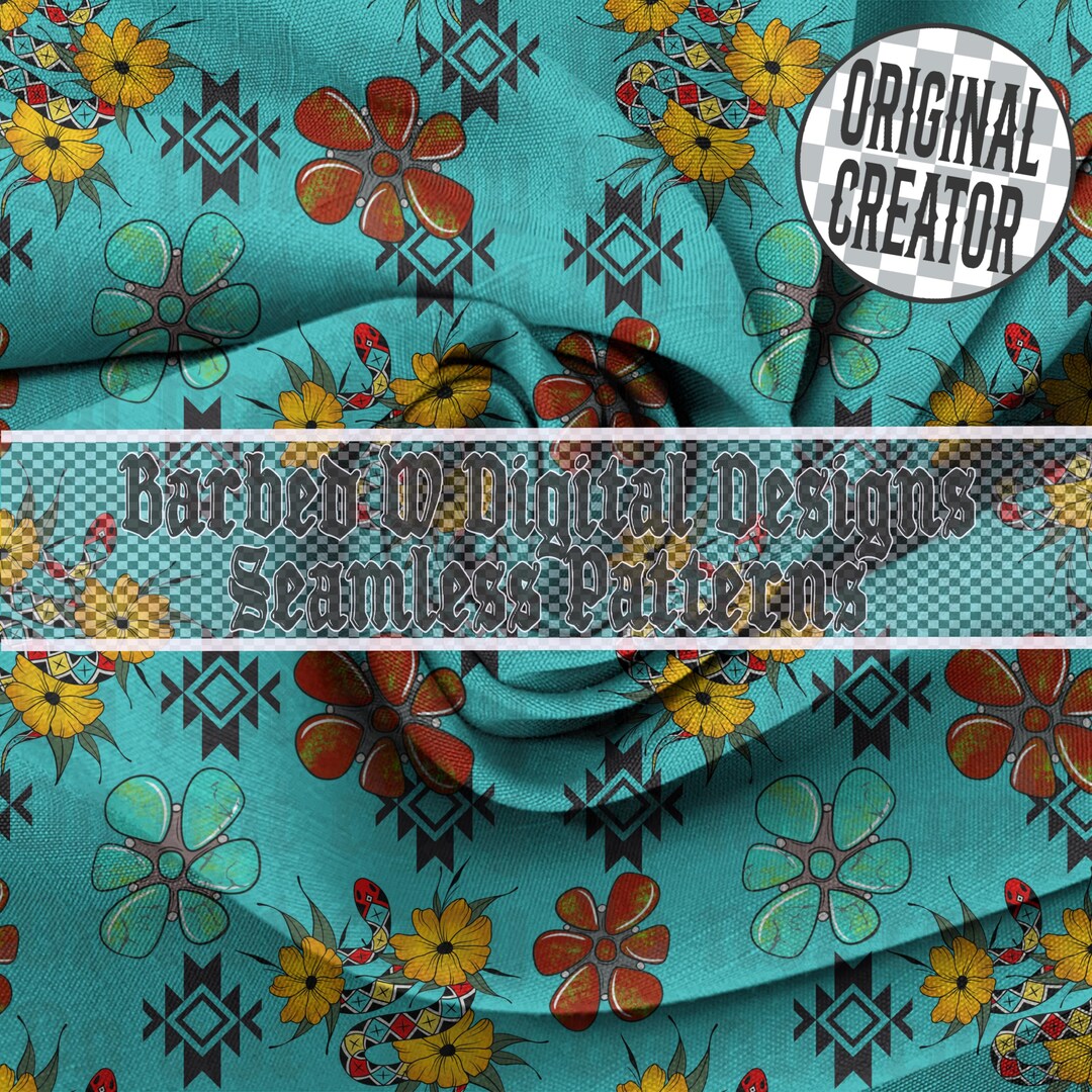 Turquoise Snake Patterned Turquoise Snake Seamless Pattern: Western Aztec Floral (PNG Digital ...