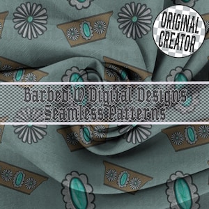 Puede incluir: Un patrón sin costuras sobre un fondo verde azulado presenta diseños repetidos de macetas estilizadas y elementos florales. Las macetas son marrones con detalles turquesas. El texto "Barbed W Digital Designs Seamless Patterns" se muestra en la imagen.