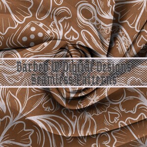 Peut inclure: Tissu marron avec un motif floral et de dés blanc. Le tissu est plié, créant des ombres et de la texture. Le texte "Barbed W Digital Designs Seamless Patterns" est affiché sur l'image.