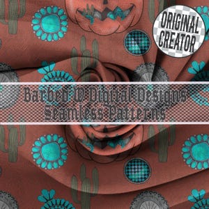 Western Halloween Seamless Pattern: Turquoise Pumpkin, Cactus (PNG Digital File)