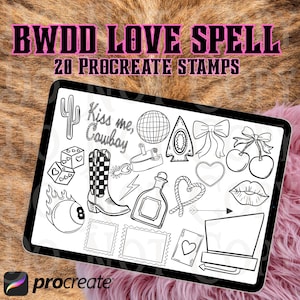 May include: A digital art image on a tablet displays 20 Procreate stamps with a love theme. The stamps include a cowboy boot, dice, a heart, cherries, and the text "Kiss me, Cowboy". The text "BWDD LOVE SPELL" is at the top.
