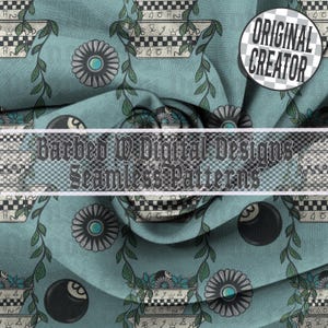 Puede incluir: Diseño de patrón sin costuras sobre un fondo turquesa. El diseño presenta formas estilizadas en forma de flor con centros turquesa, jardineras colgantes y gráficos de bolas negras. Se muestra el texto "Barbed W Digital Designs Seamless Patterns".