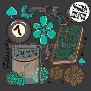 Kolaż „Kowbojka w stylu western”: turkusowy rewolwer, Biblia PNG (plik cyfrowy)