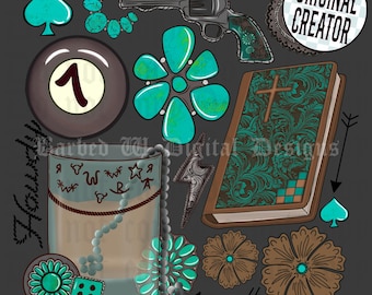 Westerncollage cowgirl: turquoise revolver, bijbel, png (digitaal bestand)