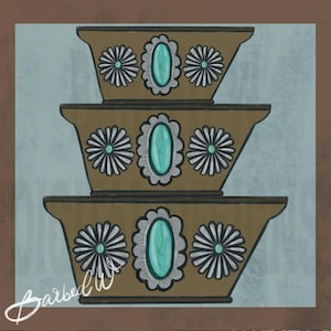 May include: Illustration of three stacked brown rectangular containers. Each container features a turquoise oval in the center, surrounded by a silver border. White and black floral designs are on each side of the oval. The background is a light blue.