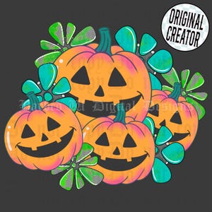 May include: A digital illustration of several smiling jack-o'-lanterns in shades of orange and pink, with teal and green accents. The pumpkins have black triangle eyes and a carved mouth. The image includes the text "Original Creator" in a circle.