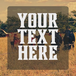 May include: A rustic scene featuring longhorn cattle in a grassy field under a cloudy sky. The image is overlaid with a brown rectangle containing the text "YOUR TEXT HERE" in a bold, white font. A barbed wire fence is in the foreground.