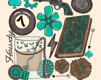 Cowgirl Essentials, Western collage png, Bible png, western collage png, howdy png, punchy png, turquoise png, cowgirl png, revolver png