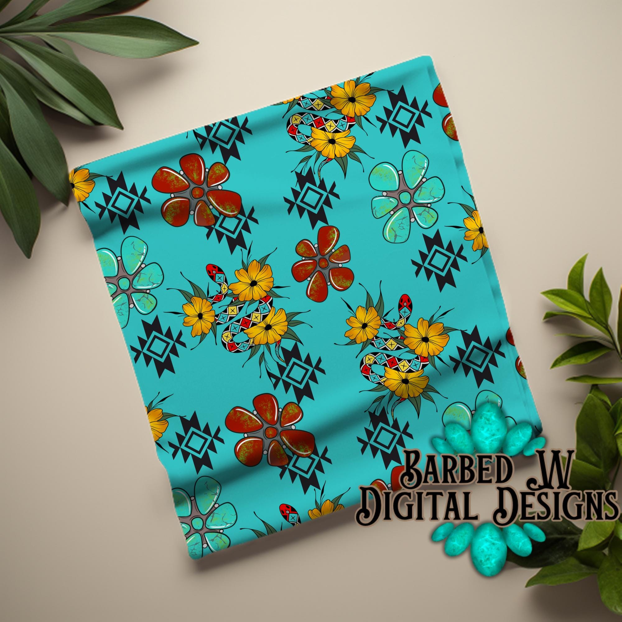 Turquoise Snake Patterned Turquoise Snake Seamless Pattern: Western Aztec Floral (PNG Digital ...