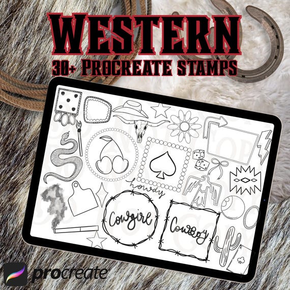 30+ Western Procreate Stamp Kit: Wild West, Cowgirl, Cowboy, Western Clipart, Cherries, Turquoise