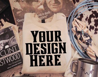 Western Gildan Sweatshirt Mockup: Sand Cowgirl Flatlay (Digital Download)