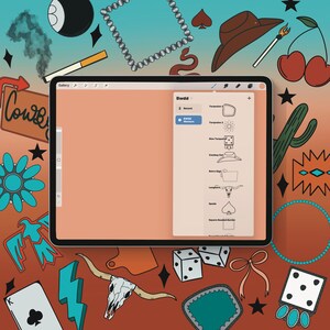 May include: A digital tablet displaying a design interface, surrounded by Western-themed illustrations. The interface shows a menu with design elements. The background features a mix of cowboy-related graphics, including a cowboy hat, dice, and playing cards.