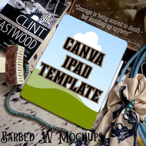 May include: An iPad template with the text "CANVA IPAD TEMPLATE" against a blue sky and green field background. The image includes a book, a necklace, and a scarf with turquoise accents. The words "BARBED W MOCKUPS" are at the bottom.