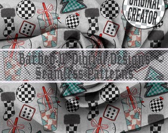 Western Christmas Seamless Pattern PNG: Turquoise Checkers, Caffeine & Chaos (Digital Download)
