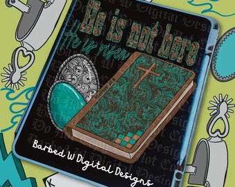 Western Easter He Is Risen PNG: Turquoise Egg, Silver Egg, Bible (Digital File)