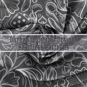 Peut inclure: Motif de motif sans couture en niveaux de gris, avec des dés, des symboles de cartes à jouer et des éléments floraux. Le motif est répété sur le tissu. Le texte "Barbed W Digital Designs Seamless Patterns" est affiché.