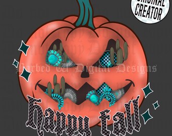 Calabaza turquesa estilo western PNG: Vaquera feliz de otoño (Archivo digital)