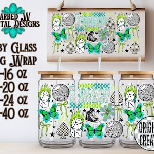 May include: Three clear glass Libby cups with bamboo lids and straws, featuring a colorful design with butterflies, dice, and a sneaker. The design includes the word "teacher" in a checkered pattern. The image also shows a sign with the same design.