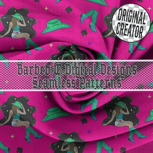 May include: A seamless pattern on a pink background featuring a cowgirl illustration, green cowboy hats, boots, and playing card suits. The text "Barbed W Digital Designs Seamless Patterns" is displayed across the image.
