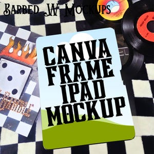 May include: An iPad mockup with the text "CANVA FRAME IPAD MOCKUP" in black. The background is a light blue sky over a green field. Vinyl records and a dice game are in the background, all on a black and white checkered surface.