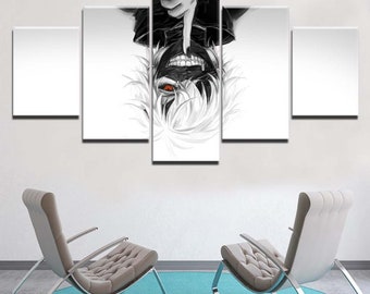 May include: A black and white canvas print of an anime character with a red eye, a black mask, and white hair. The character is upside down with their finger pointing down. The print is divided into five panels.