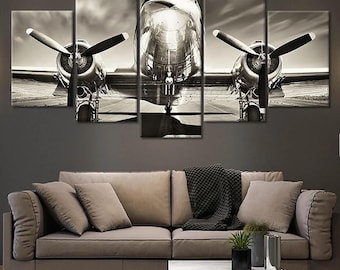 Impresión artística de pared en lienzo de 5 piezas de avión vintage, regalo de aviación para piloto, asistente de vuelo