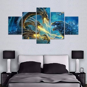 May include: A five-piece canvas print set featuring a dramatic scene of a blue Godzilla-like monster battling a multi-headed golden dragon. The scene is set against a stormy sky with lightning bolts.