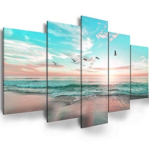 Póster decorativo de pared con diseño de paisaje natural en lienzo de 5 piezas de playa y océano azul