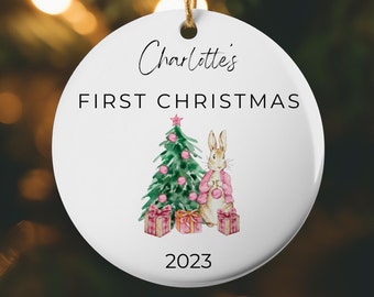 2023 Custom Baby Girl's First Christmas Ornament - Personalized Newborn Keepsake - Bunny and Christmas Tree Design, Personalized 1st Xmas