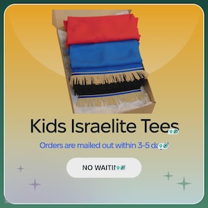 May include: A cardboard box containing folded fabric garments in red, blue, and black, each featuring a decorative gold-colored fringe trim along the bottom edge. The text Kids Israelite Tees is printed below the box, followed by additional text.