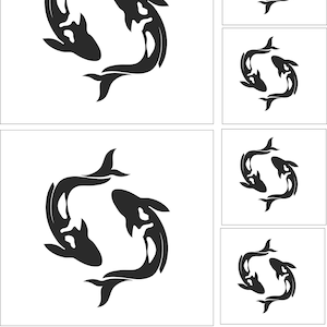 Puede incluir: Diseño gráfico en blanco y negro con dos carpas koi dispuestas en círculo. Los peces están estilizados con cuerpos curvos y aletas detalladas, sobre un fondo blanco. La imagen incluye múltiples variaciones del diseño.