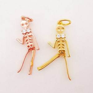 2PCS 18K Real Gold Dancing skeleton Male, bracelet necklace charms, Micro pave pendants, 24mm Jewelry Findings S651