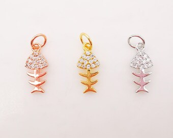 2pcs 18K Gold Vermeil Style Fish Bone Charms 925 Sterling Silver Fish Bone Charm with Heavy 18K Gold Plated Cat Charm Fish Necklace Charm