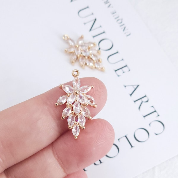 CZ Pave Leaf Charm, Cubic Zircon Crystal Leaf Pendant, CZ Earring Charms,  Real Gold Plated Brass Earring Charms, Jewelry Finding ZR016-F039