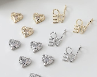 Winged Heart/LOVE Letter Pendant, 14K Gold Plated, Cubic Zirconia Charms, CZ Pave, For Necklace And Earring Making, Jewelry Findings GZ1028