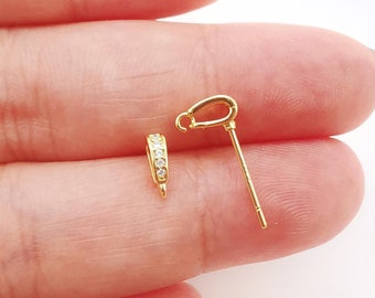 10PCS Tiny Ear Post with Loops, Nickel Free, Micro CZ Pave, 7x2mm, 18K Gold Plated Stud Earring Finding S267