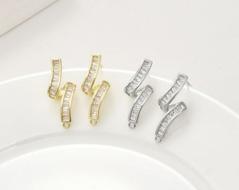 Ribbon Style Earrings Post, 14K Gold, S925 Silver Ear Pin Nickel Free Earrings, CZ Pave Ear Stud Hypoallergenic Earring Findings LL135