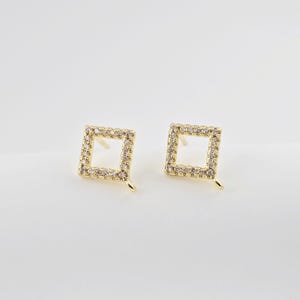 CZ Rhombus-shaped Post Earrings, Gold Plated Earring Post with Loop, Hypoallergenic, Handmade Earring Finding, DIY Earring Supplies D0278